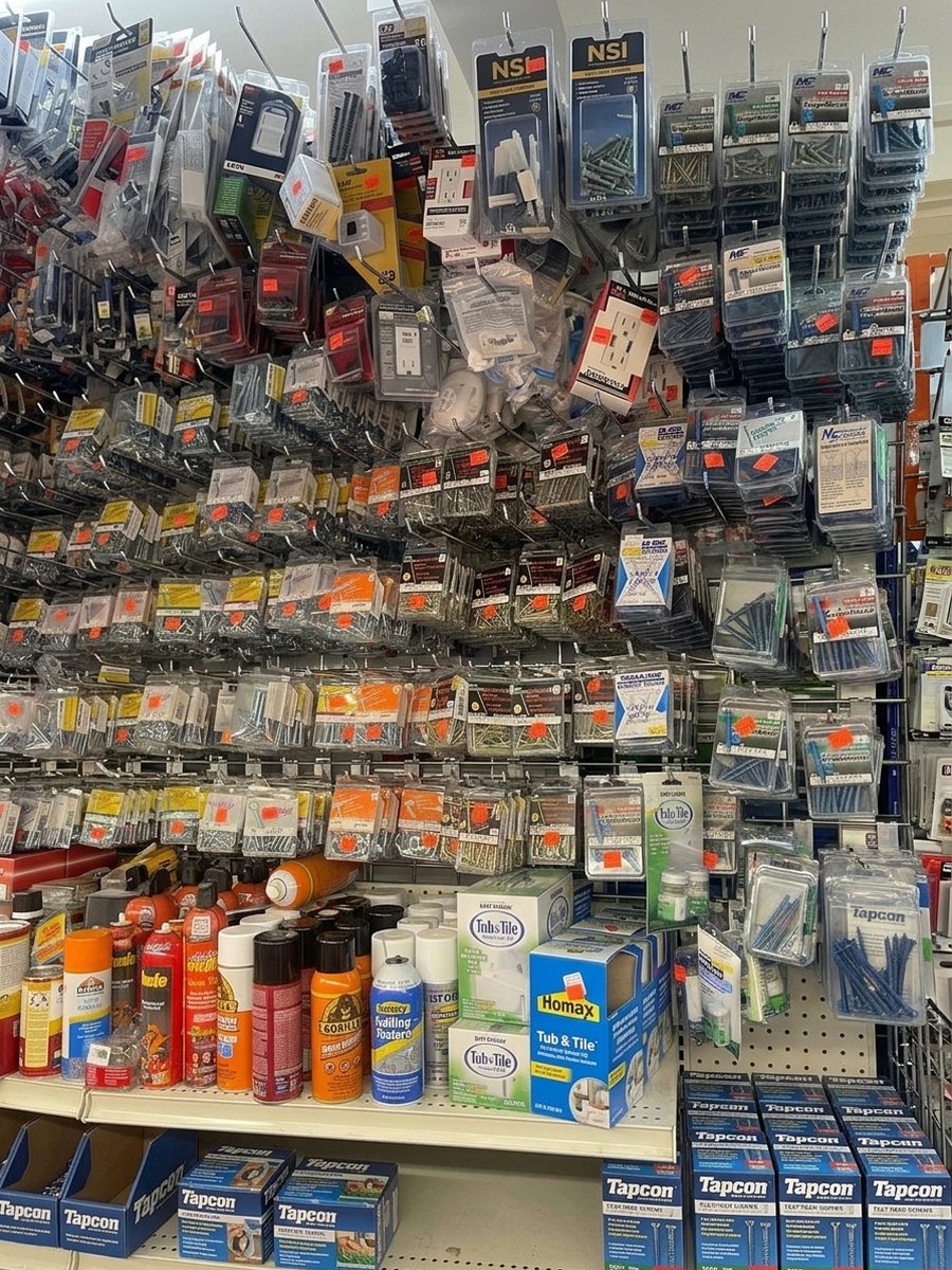 Racks of screws, anchors, and concrete fasteners
