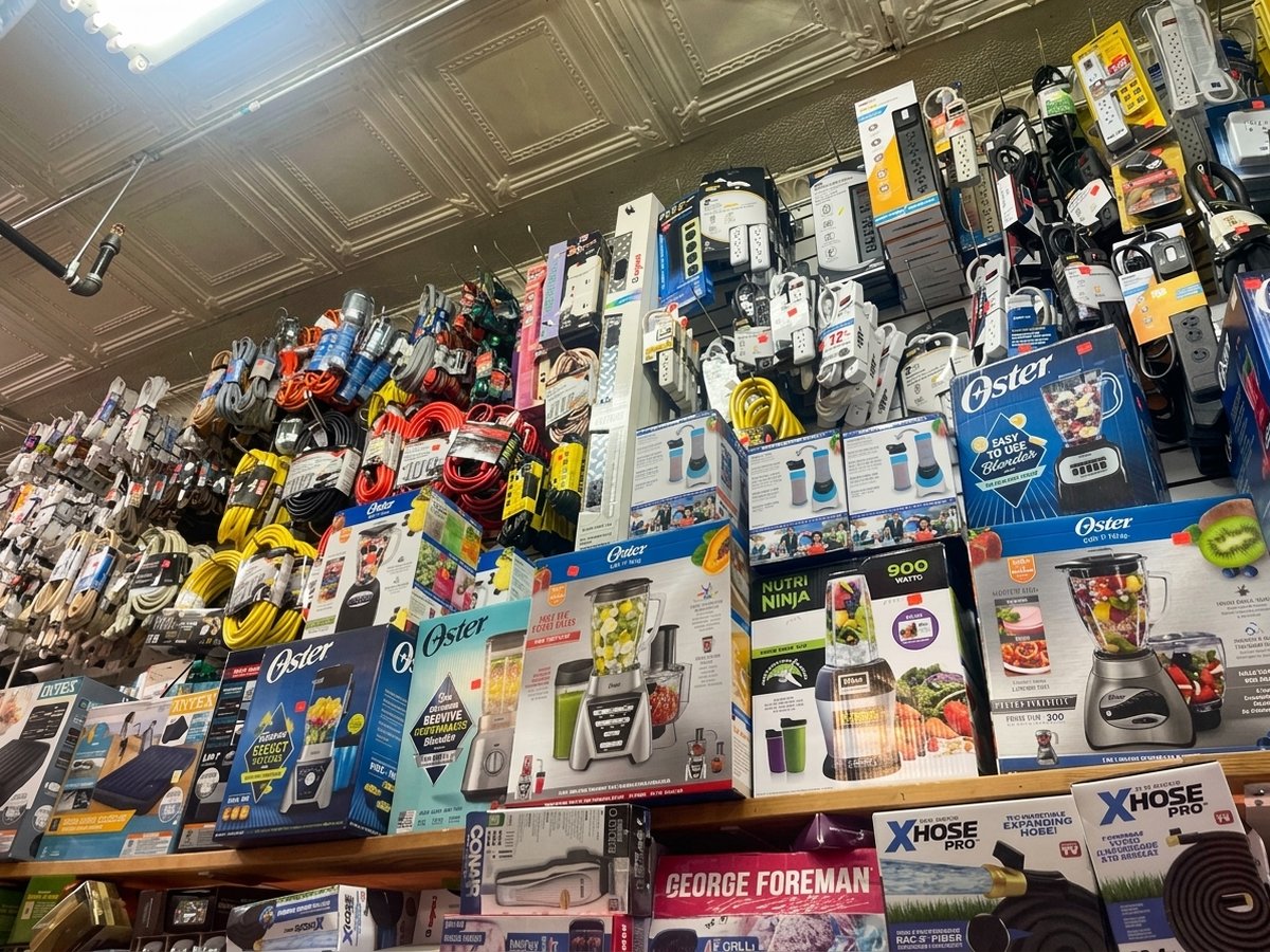 Extension cords, power strips, and small appliances stocked to the ceiling