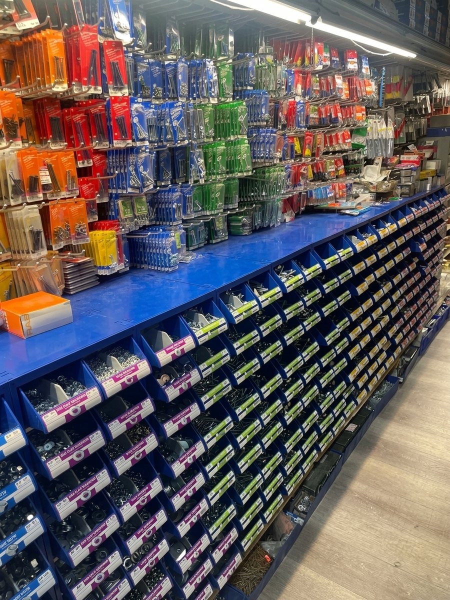 Wall of fastener bins with nuts, bolts, and washers at Gonzalez Home Center